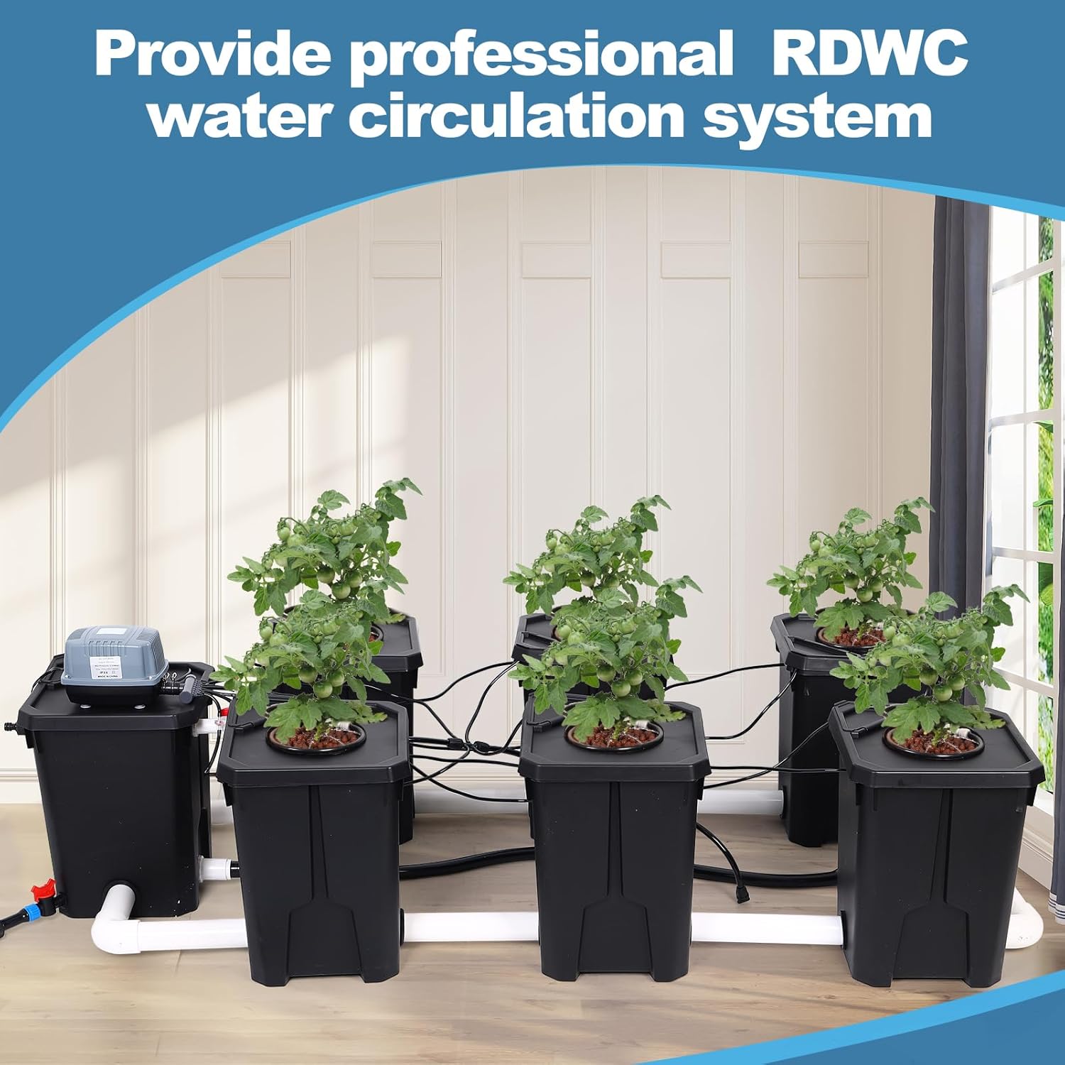 RDWC Hydroponics Grow System 6 Site + Reservoir, 7-Gallon Top Drip Recirculating Deep Water Culture Hydroponic Bucket System, Hydroponics Growing System Kit with Water Pump, Air Pump