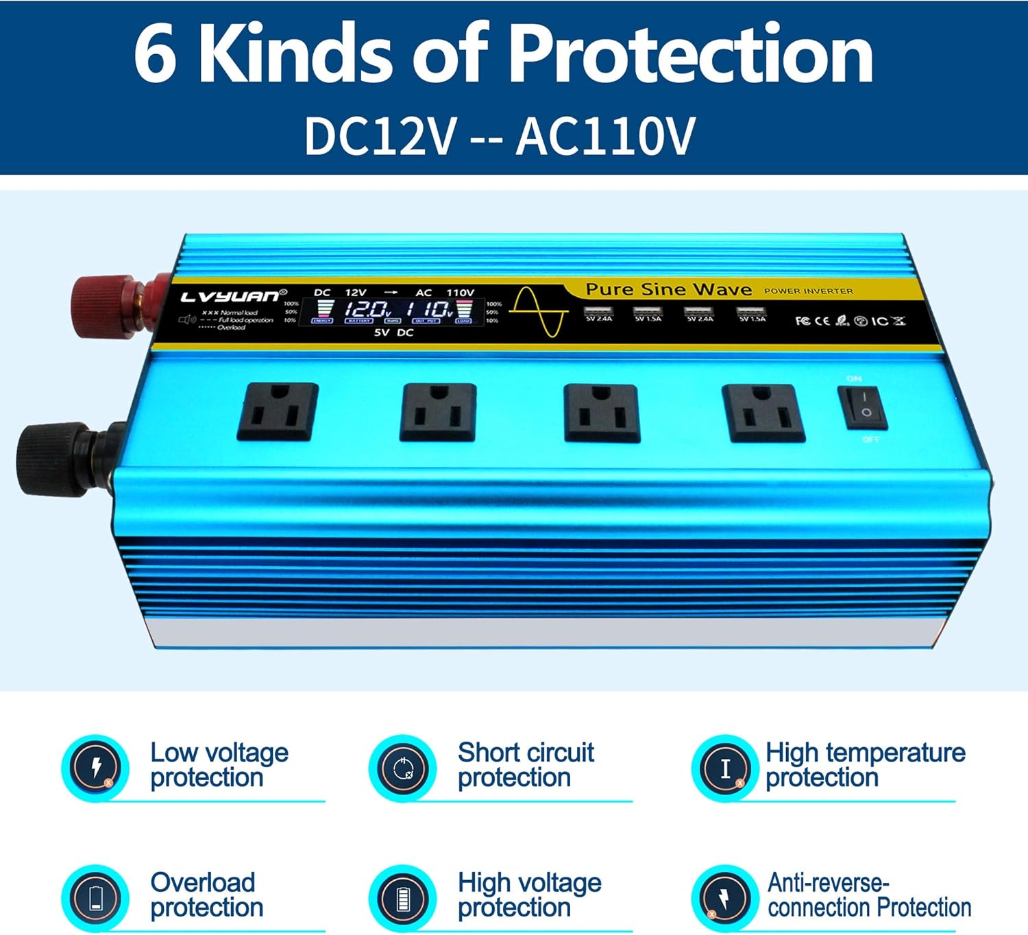 LVYUAN Pure Sine Wave Inverter 3000 Watt Inverter 12V to 110V DC to AC with Remote Controller, LCD Display 4 AC Sockets and 4 USB Ports for Car Truck Solar Power (3000W with Remote Controller)