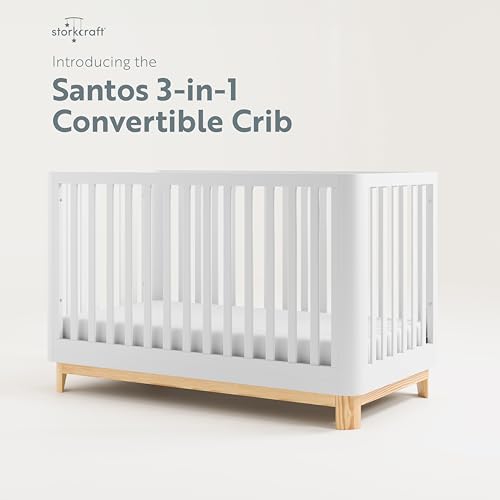 Storkcraft Santos 3-in-1 Convertible Crib (White with Natural) – GREENGUARD Gold Certified, Fits Standard Crib Mattress, Converts to Toddler Bed, Modern Style, Rounded Designer Details