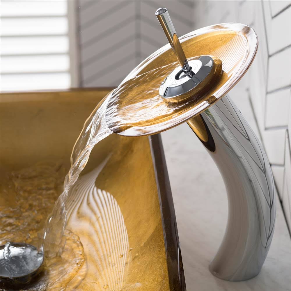 Kraus Golden Pearl Rectangular Glass Vessel Sink and Waterfall Faucet - Satin Nickel