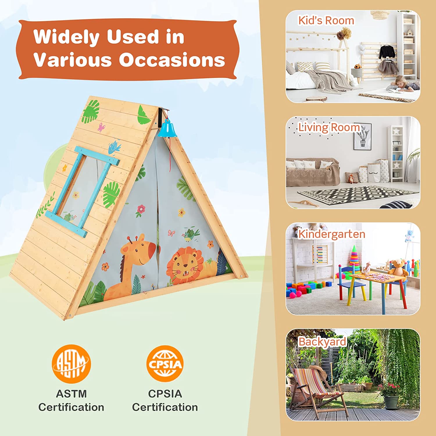 Triangle Climber with Tent, Kids Hideaway Play Tent & Rock Wall Climbing, Waterproof Tent Cover for Indoor Outdoor, Ring Bell, Wooden Climbing Triangle Crawling Tunnel Toy for Toddlers