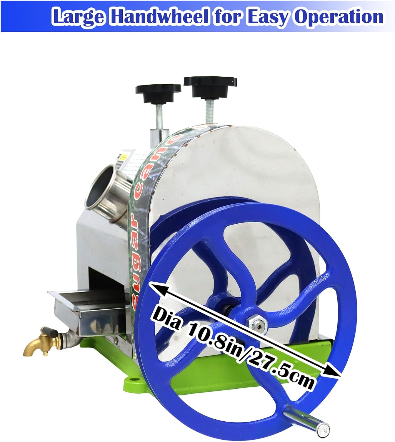 INTBUYING Manual Sugarcane Juicer Sugarcane Press Machine Sugarcane Juice Extractor W/3 Rollers for Sugar Cane Squeezer Juicer Machine 2 Paring Knives Stainless Steel Filter Faucet Handwheel