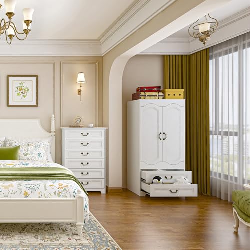 Luxurious 2 Door Wardrobe with 2 Drawer,White Vintage Armoire with Clothing Rod,67" Tall Wooden Closet Wardrobe Cabinet for Bedroom (White)
