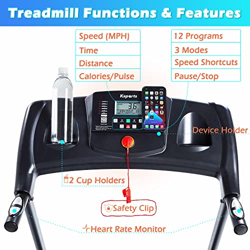 Ksports Treadmill Bundle | Electric Folding Incline Treadmill with Auto/Manual Incline, Sit Ups Rack/Strap & Ab Mat, Dumb Bells (only for AEP & LJJ models) | Running Machine with Bluetooth Smart APP