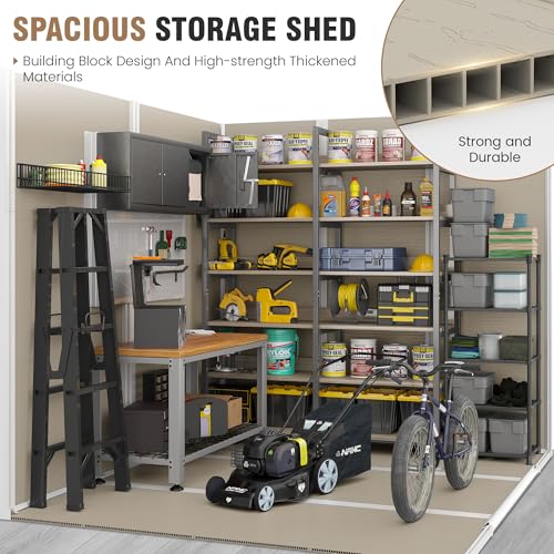 Outdoor Storage Shed, 6x6 FT Resin Shed with Floor and Lockable Door, Window, Vents, Tool Sheds and Outdoor Storage for Bike, Garden Accessories, Tools, Waterproof (Grey & White)