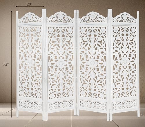 Room Divider Wood Screen - Ghanti Bells Antique Brown - 4 Panel Folding 72 x 80 - Assembled Hand Carved Decorative Functional Versatile Portable Partition Reversible Privacy Boho - COTTON CRAFT