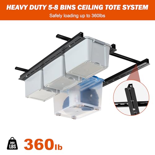 Wallmaster Garage Overhead Storage Rack, Ceiling Bin Organization System With Adjustable Rails, Heavy Duty Metal Overhead Bin Rack Holds Up to 5 Tote Bins (Black)