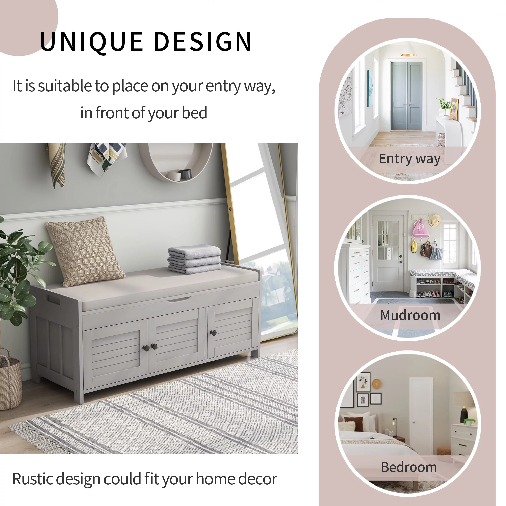 CHURANTY Entryway Storage Bench with Cushion Woodenb Shoe bench with Seat, 3 Shutter-shaped Doors, Hidden Storage Space,Gray Wash