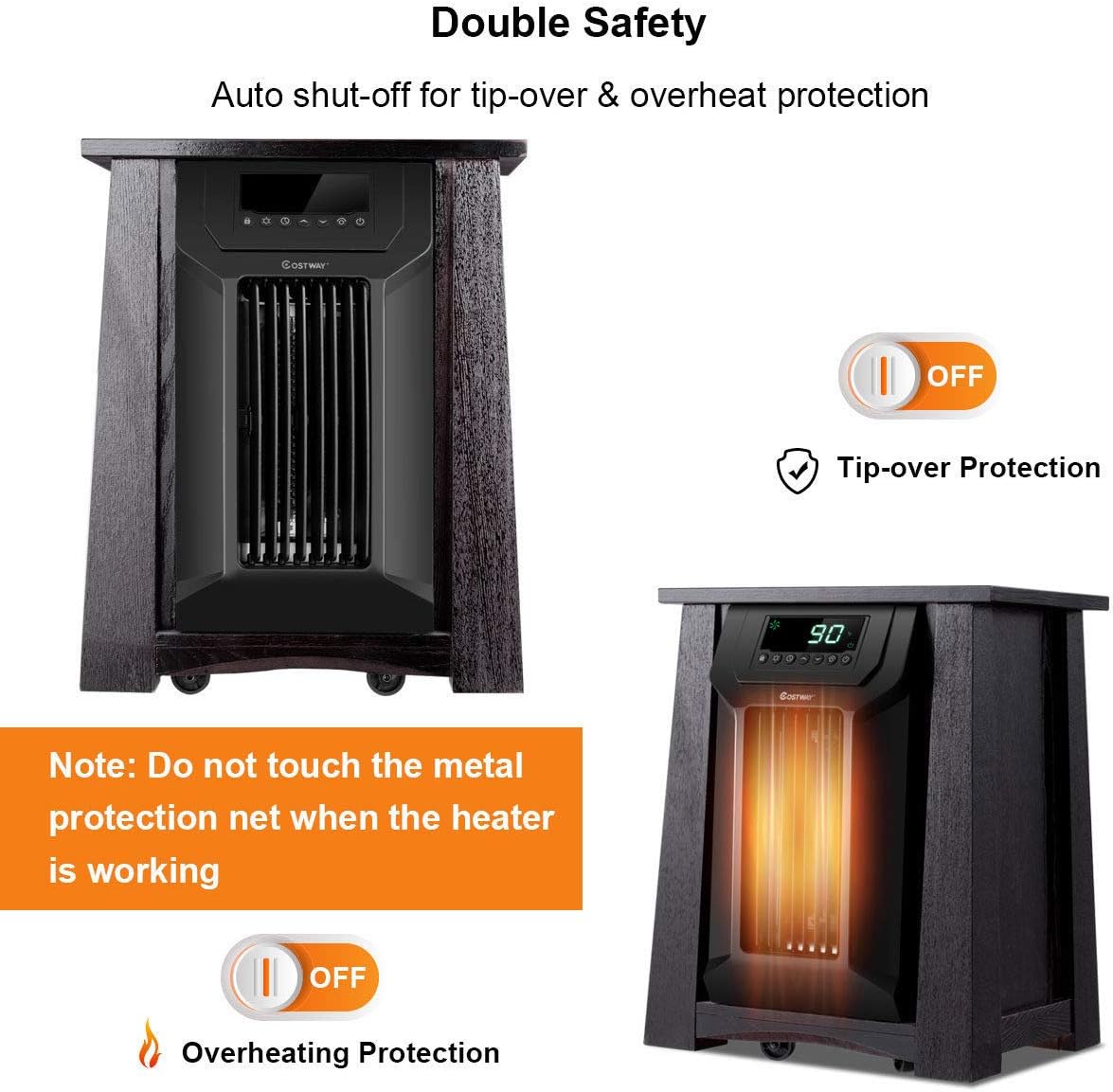 COSTWAY Infrared Space Heater 1500W, Portable Radiator Heater with Remote, 12H Time & Adjustable Thermostat, Small Electric Heater for Indoor Use Home Office Bedroom, Brown + Black