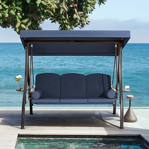 HOMREST 3 Person Outdoor Porch Swing with 1.5" Deep Cup Holder, Adjustable Canopy, Backrest, Patio Swing Bed with Weather Resistant Steel Frame, Cushions for Garden,Deck and Poolside(Blue)