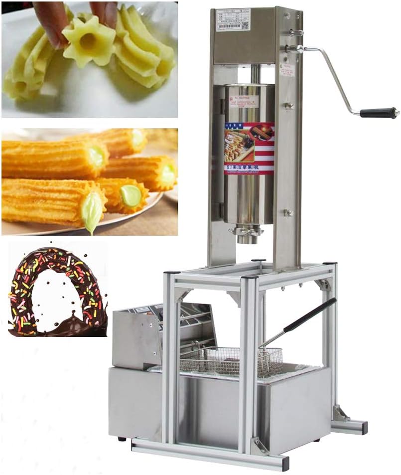 TECHTONGDA Commercial Churros Maker Machine Vertical Spanish Donut Churros Making Machine Stainless Steel with Electric Deep Fryer (5L Capacity, AC110V 2500W 6L Fryer)
