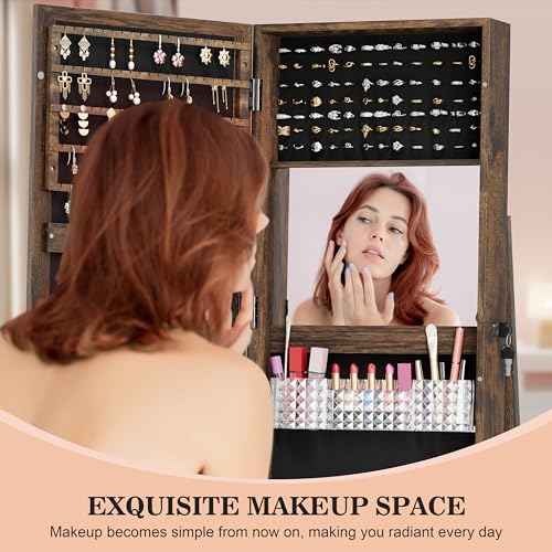 Jewelry Cabinet with Full-Length Mirror, Lockable Jewelry Armorie Standing with Inside Makeup Mirror, Space-Saving Jewelry Storage Organizer, Brown