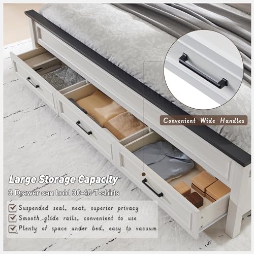 Farmhouse Full Size Bed Frame with 52" Tall Full-Panel Headboard & Footboard, Full Platform Bedframe with Storage Drawers, Wood Panel Bed Base, No Squeak, No Box Spring Needed, Light Brown
