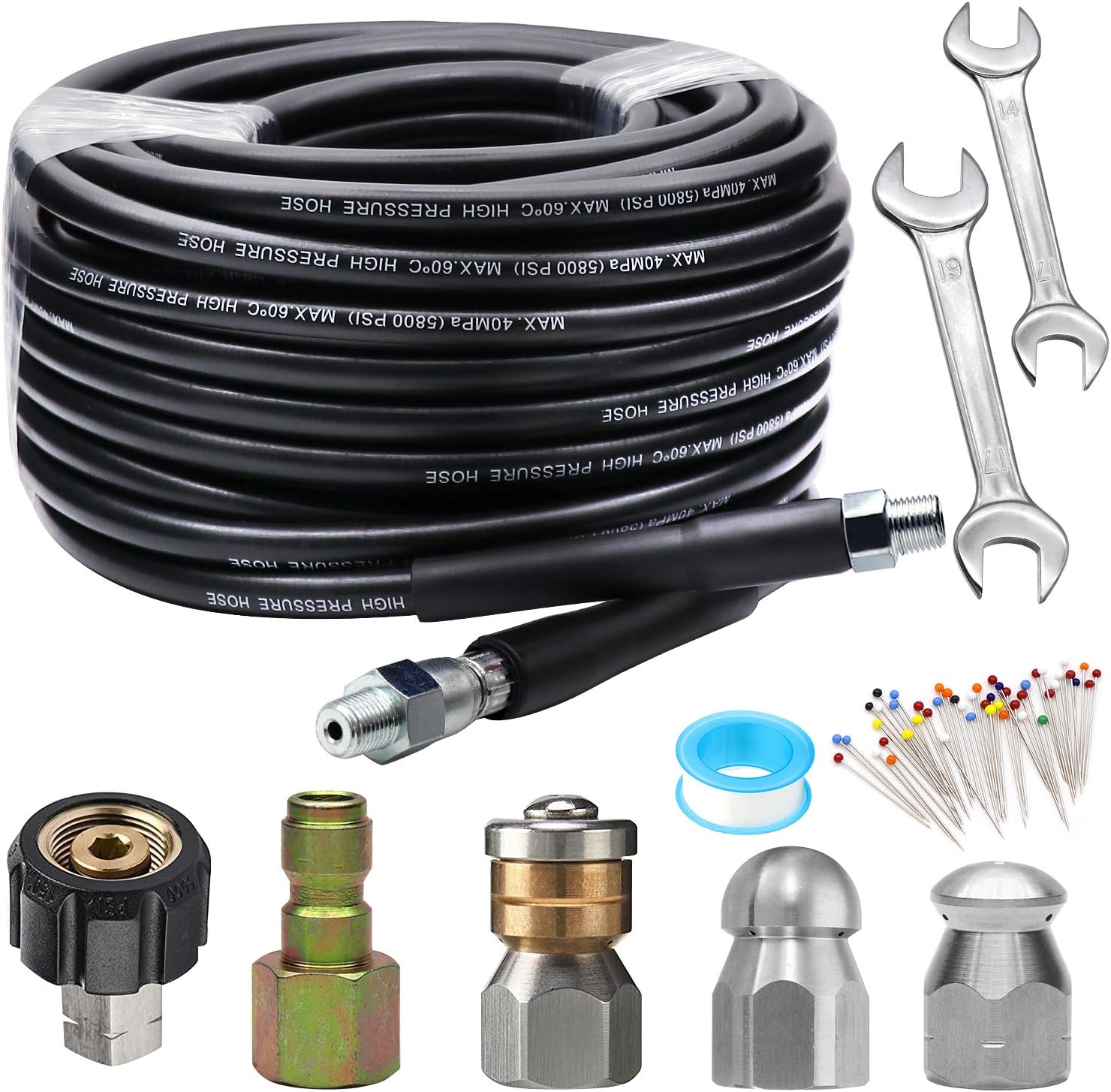 Sewer Jetter Kit 100FT for Pressure Washer, 5800PSI Drain Cleaner Hose 1/4 Inch NPT, Corner, Rotating and Button Nose Sewer Jetting Nozzle Spanner Waterproof Tape Pearl Corsage Pin Pack of 2