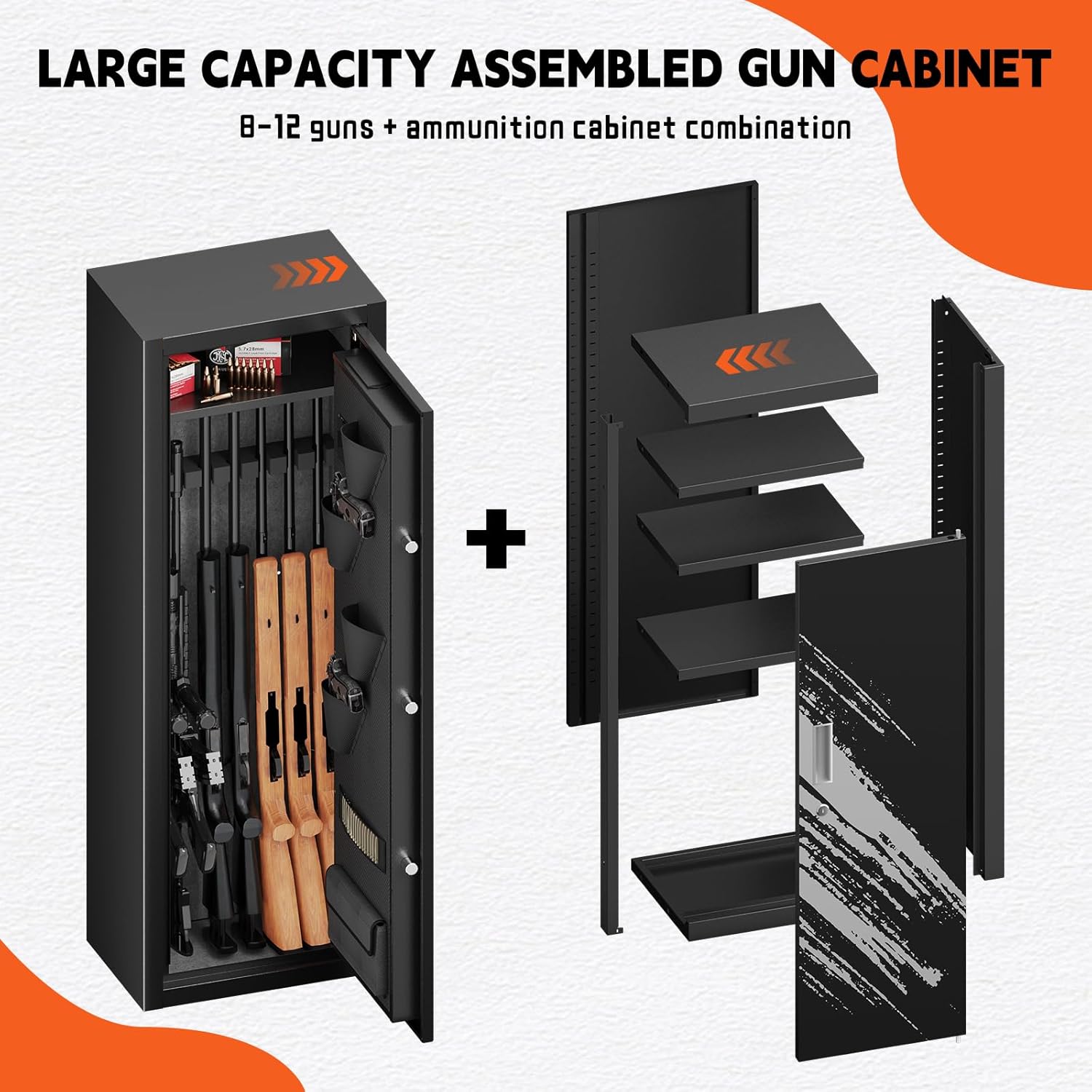 KAER [𝟐𝟎𝟐𝟒 𝐔𝐩𝐠𝐫𝐚𝐝𝐞𝐝] 8-12 Rifle Gun Safe, Home Safes for Rifles and Pistols,Unassembled Large Gun Safes for Home and Shotgun with Detachable Gun Racks, 4 Pistol Pockets