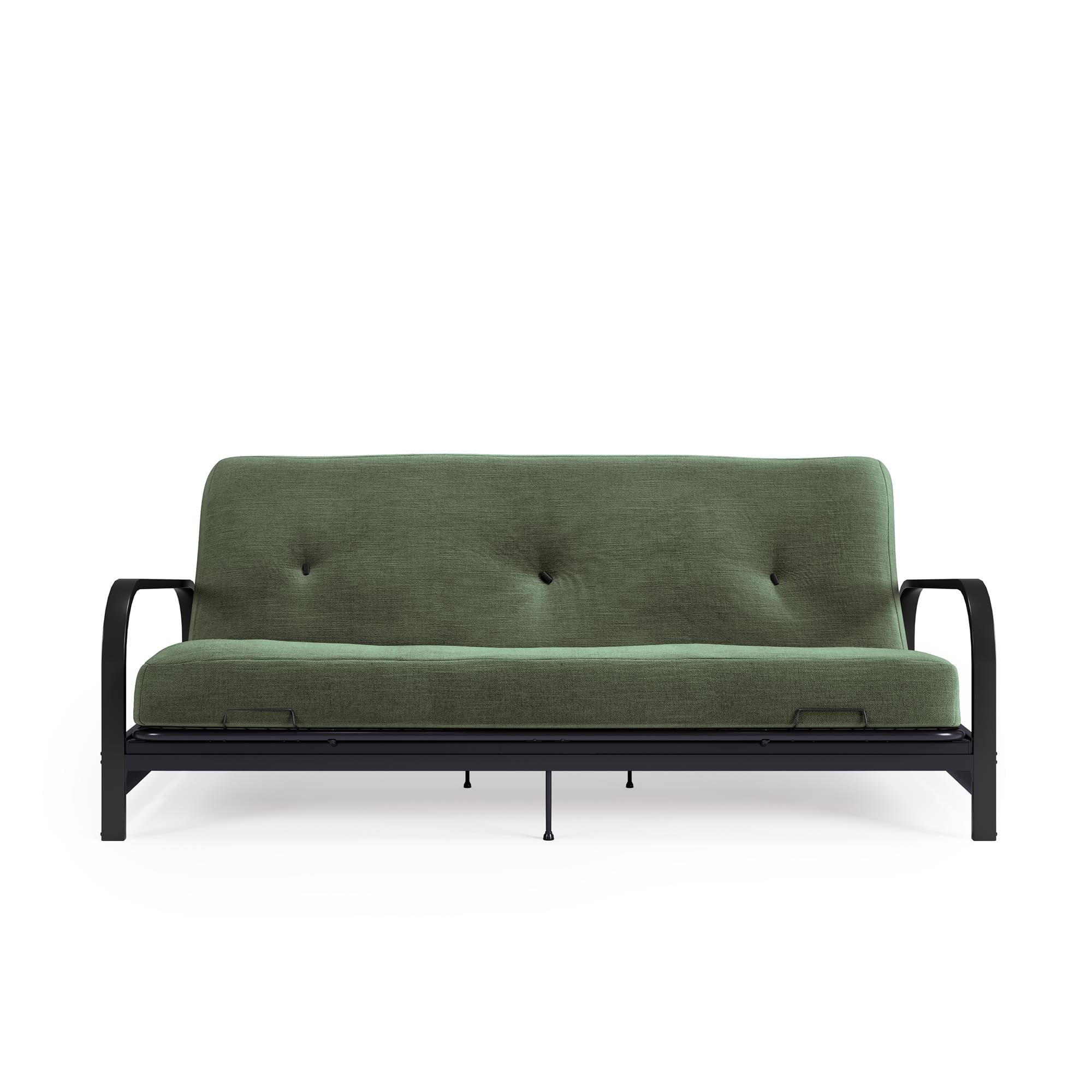 Cleo Futon Set with Black Metal Sofa Bed Frame and 6" Mattress, Full Size, Army Green