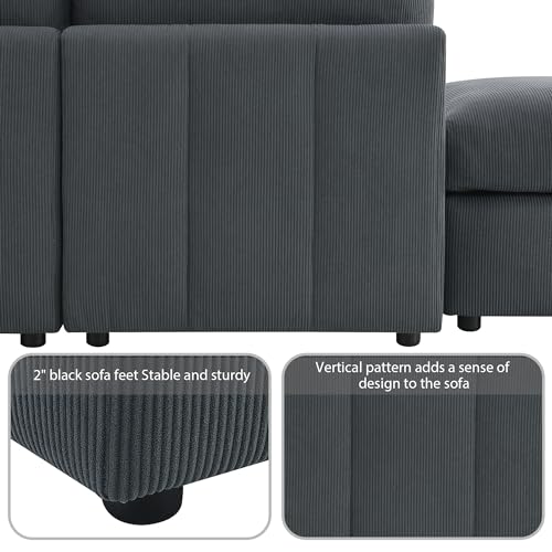 93 Inch L Sectional Sofa Corner Couch with 2 Movable Ottomans Set Reversible Symmetric L Shape – 5-Seat Armless Modern Design for Living Room, Home Office Dark Grey Corduroy