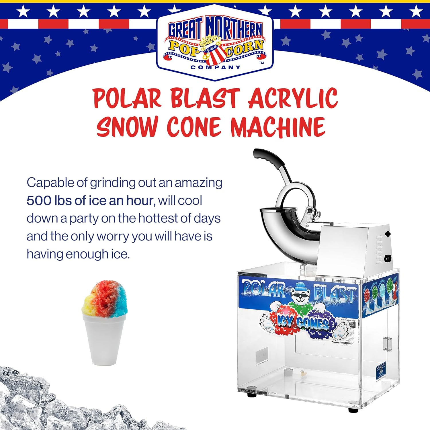 Great Northern Popcorn Polar Blast Snow Cone Machine Acrylic Crushed Maker Grinds Up to 500lbs of Ice Per Hour for Parties, Events