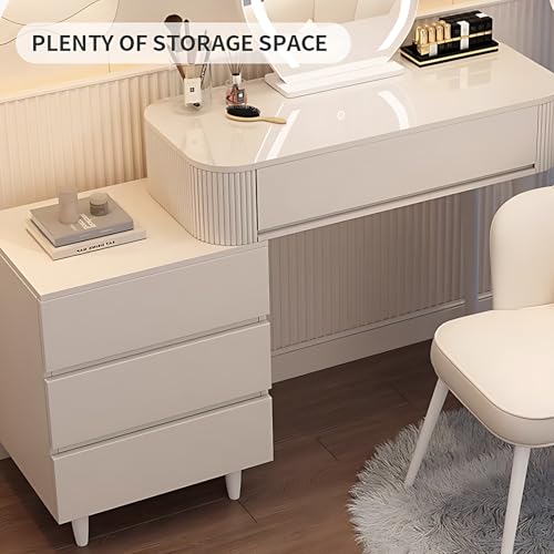 Fashionable Vanity Table with Drawers - Vanity Table Set | LED Smart Makeup Mirror Included | Modern Bedroom Vanity | Solid Wood Material | New Makeup Experience (Round Mirror, 40")