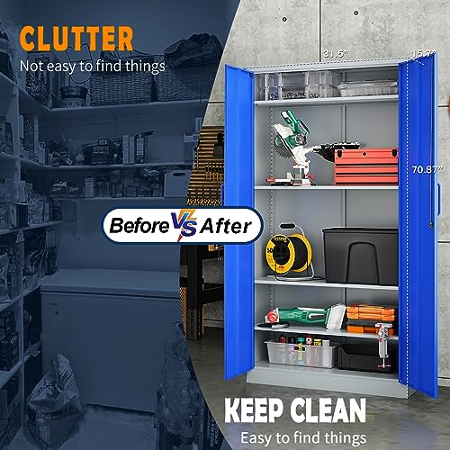 Yizosh Metal Garage Storage Cabinet with 2 Doors and 5 Adjustable Shelves - 71" Steel Lockable File Cabinet,Locking Tool Cabinets for Office,Home,Garage,Gym,School (Gray White)