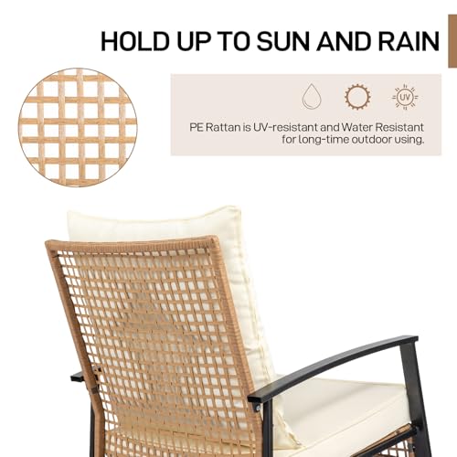 Outvita 3-Piece Outdoor Rocking Bistro Set, Patio Furniture Set w/Soft Thick Cushions & 2-Tier Coffee Table, Rattan Conversation Wicker Rocking Chairs for Garden, Balcony, Backyard, Poolside