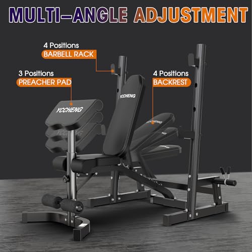 Muti-functional Adjustable Weight Bench/Workout Bench with Barbell Rack Set for Home Gym, Upright Incline Flat Exercise Benches with Preacher Pad