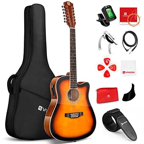 Vangoa 12 String Guitar, Twelve String Guitar Acoustic Electric Cutaway Guitarr Bundle for Beginner Adults, Teens, Spruce Top, Bone Nut, Upgraded Starter Kit, Black Matte