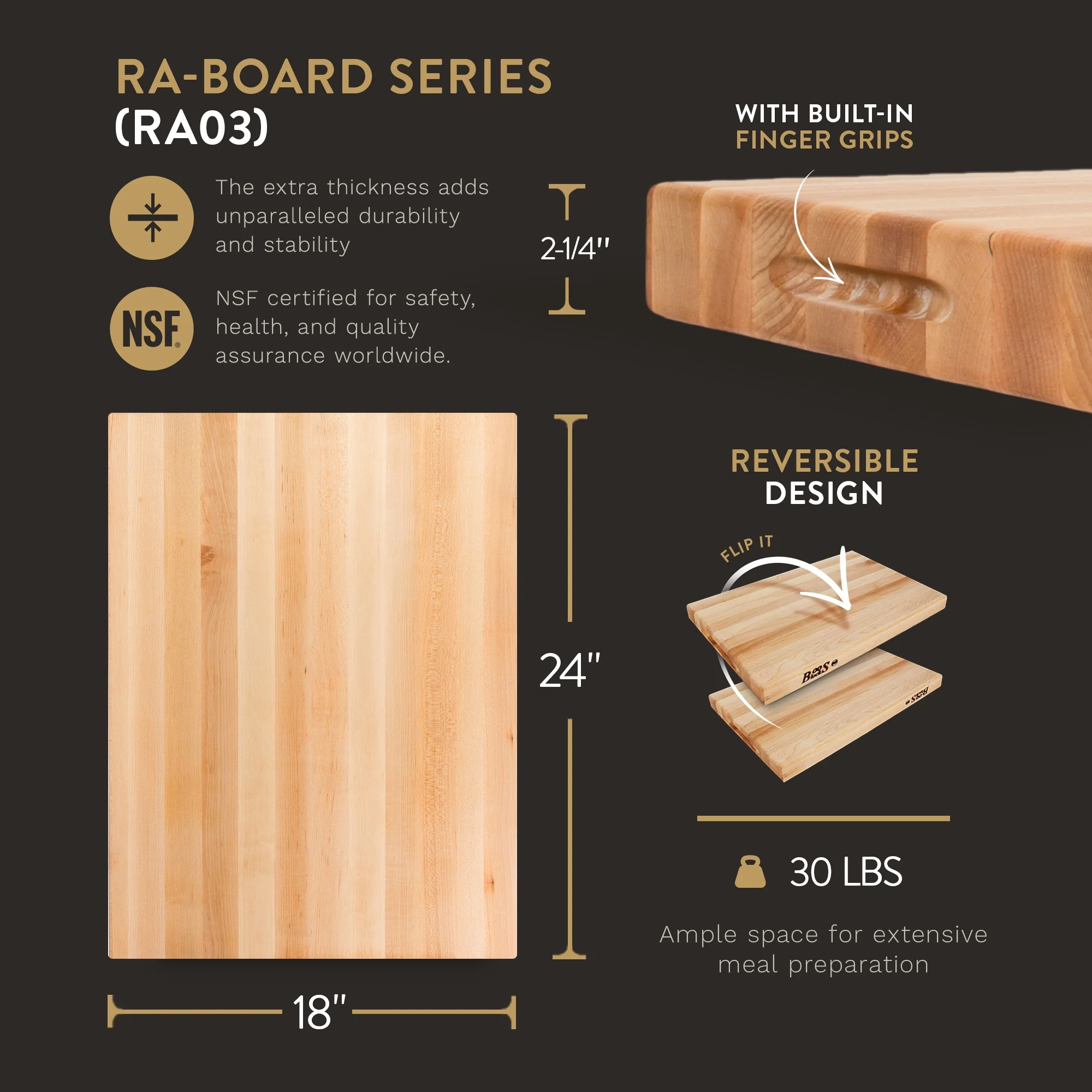 John Boos Maple Wood Cutting Board for Kitchen Prep, 24" x 18" x 2.25"