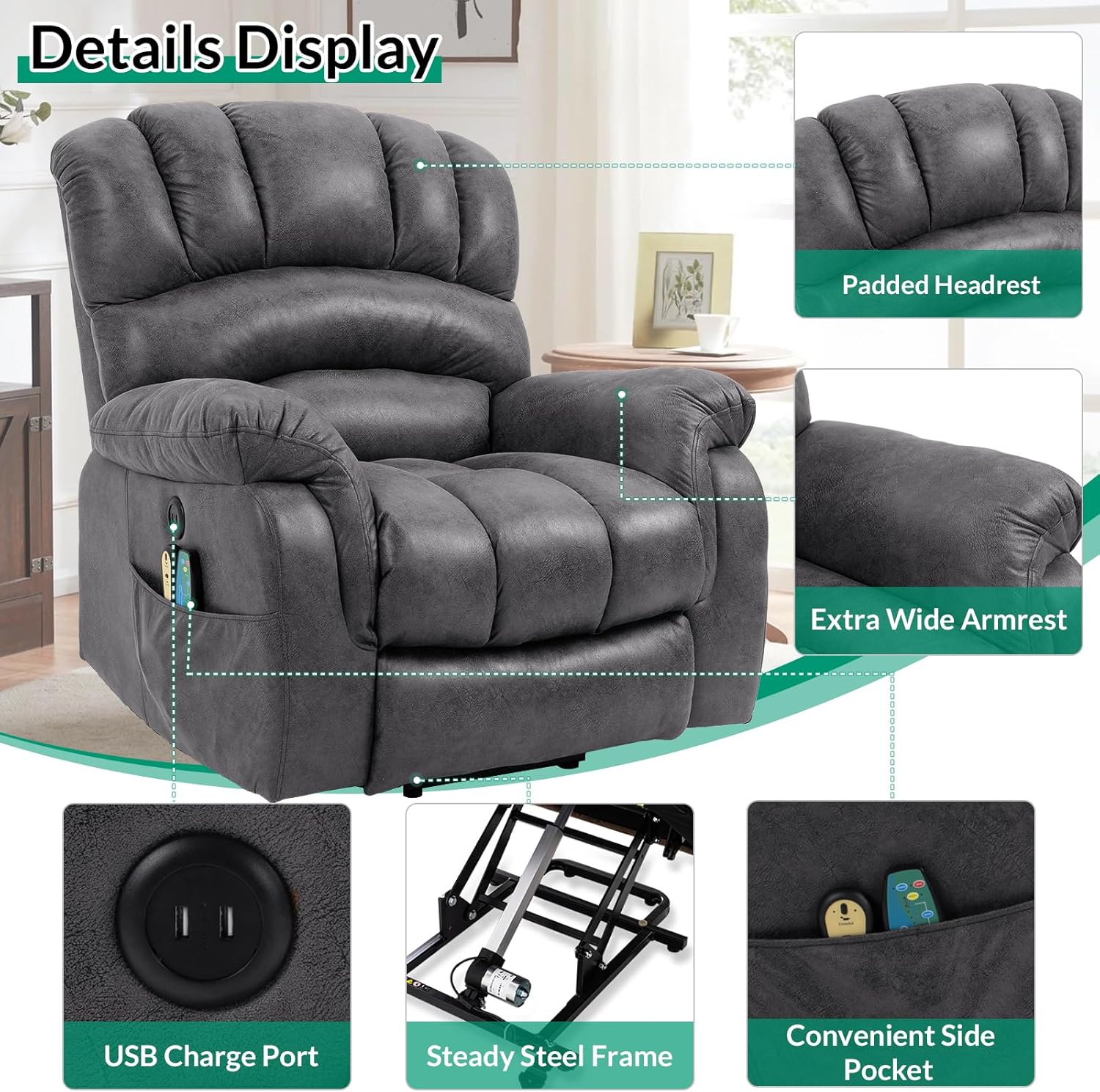 VIVIJASON Tall Man Large Power Lift Recliner Chair with Extended Footrest for Elderly, Overstuffed Wide Electric Lift Chair with Heat & Massage, 2 Remote Controls, Side Pockets & USB Ports, Gray