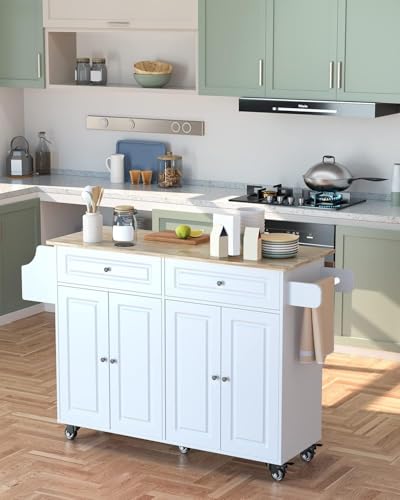 Kitchen Island with Drop Leaf and Storage, on Wheels Two Drawers, Large Storage Cabinet, Towel Rack Spice Cart Brown