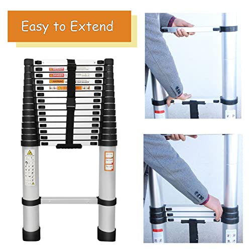 Telescoping Ladder 20.3ft Aluminum Extension Folding Ladder with 2 Hooks, 330lbs Max Load, with Anti-Slip Rubber Feet, Folded Height 3.4ft, Weight 36lbs, Portable Attic Ladder Easy to Transport
