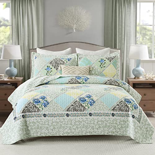 Finlonte Quilts Queen Size Sets, Floral Real Patchwork Blue Grey Farmhouse Plaid 100% Cotton Queen Quilt, Reversible Lightweight Soft Queen Bedspread Quilt Bedding Set, 3-Pieces