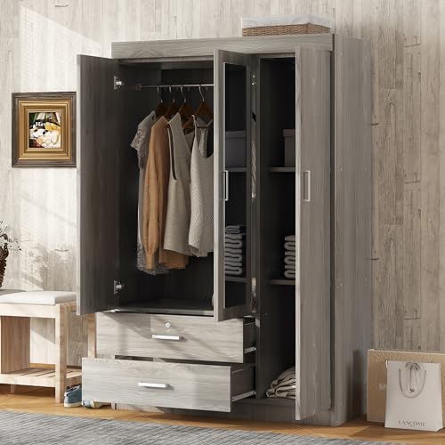 3 Doors Wardrobe Armoire with Mirror, Modern Wood Armoire Wardrobe Cabinet with Shelves & Hanging Rod, Bedroom Armoire Clothes Organizer (Gray-3G)