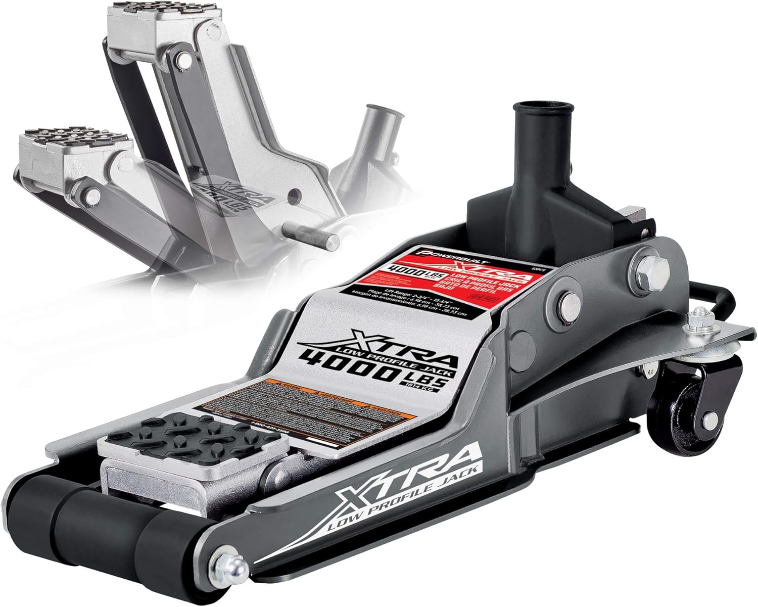 Powerbuilt Xtra Low Profile Floor Vehicle Jack with Safety Bar, Extra Low Car Jack - 2 Ton Load Capacity 620479E, Silver