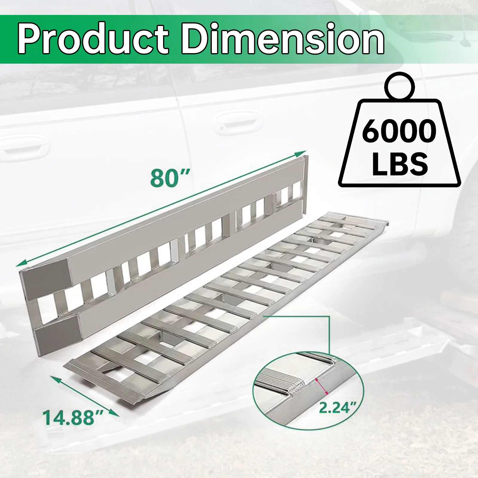 HECASA Pair Truck Car Auto Trailer Ramps 80" X 15" X 2.3" 6000 LBS Universal Truck Trailer Hook End Knife Foot Heavy Duty for ATV, Lawn Mower, Motorcycle Silver Aluminum