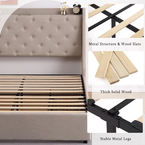 Full Size Bed Frame with Charging Station,Upholstered Platform Bed with Button Tufted Storage Headboard Wingback and 4 Storage Drawers,No Need for a Box Spring, Wood Slat Support, Easy to Assemble