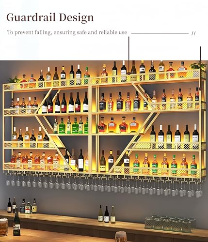79/94/118" Metal Wine Rack Wall Mounted, Modern Bar Shelves Wall Mounted Wine Rack with LED Light, Liquor Shelf Wall Mounted, Bar Shelves for Liquor Bottles (Black with Blue Led, 71--3 Tier)