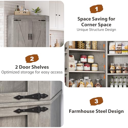 Corner Cabinet, Kitchen Pantry Cabinet, Storage Cabinet with 4 Doors and Shelves, Kitchen Cabinet, Pantry Cabinet, Tall Food Pantry Storage Cabinet Farmhouse Furniture for Kitchen Dining Room, Grey