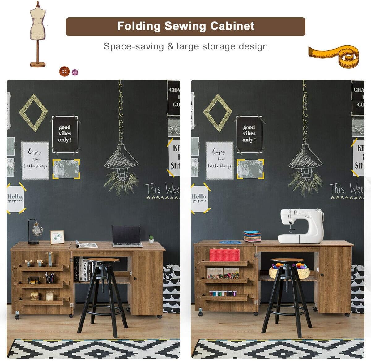 Multifunction Design Folding Sewing Craft Table Shelves Storage Cabinet Computer Desk Home Furniture with Wheels, Space-Saving,3 Storage Bins Natural