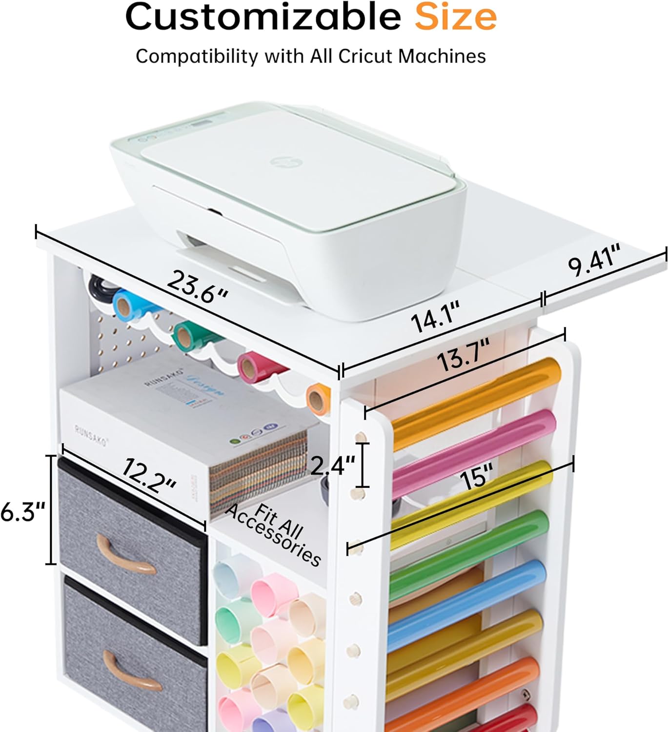 CRAFTEASE Rolling Craft Cart and Storage Table Compatible with Craft Machines Foldable Craft Cabinets w/USB Ports & Outlets Vinyl Roll Holder Craft Accessories Organizer Workstation for Craft Room