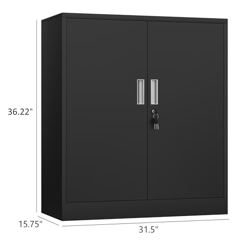 Metal Storage Cabinet with Locking Doors and 2 Adjustable Shelves, Small Lockable Storage Cabinet for Home Office Garage (Black)