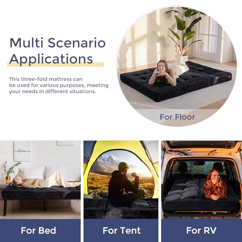 MAXYOYO Tri-Fold Mattress, 6 Inch Tufted Folding Mattress Full Foam Bed, Foldable Floor Mattress Guest Bed Mattress Topper Portable Camping Sleeping Bed with Corded Fabric, Black, 53"x75"