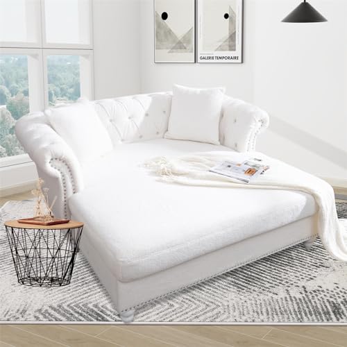 63" Chesterfield Double Chaise Sofa, Velvet Chaise Lounge Chair Indoor with 2 Pillows andRolled Arm Oversized Loveseat Sofa (White)