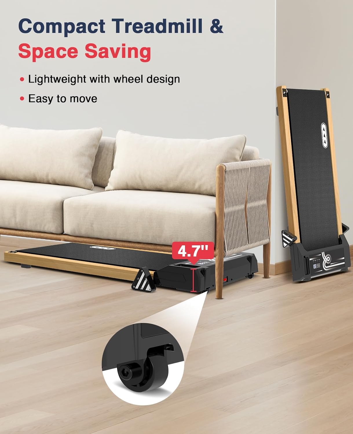 REDLIRO Wood Walking Pad with Incline - Wooden Under Desk Treadmill for Office Home - Mini Treadmills with 265lbs Capacity - Portable Compact Jogging Machine with Remote Control - Installation-Free