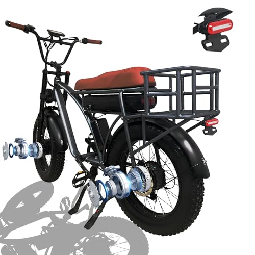 (US Warehouse) Dual Motor 2000W Electric Bike for Adults, Full Suspension, 18AH Removable Battery, Mountain Snow E Bike Fat Tire Sports Bicycle with Long Seat & Basket