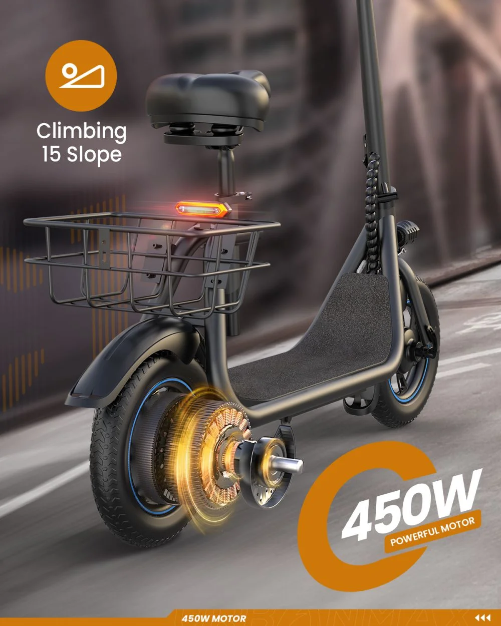 Kistp 450W 12" Electric Commuter Scooter with Seat & Basket for Adults - 21 Miles Range, 15.5 MPH