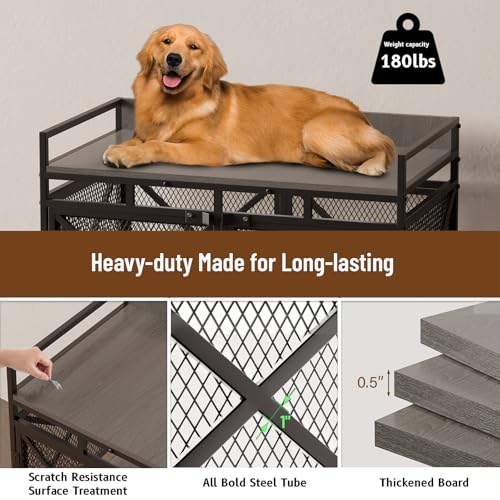 Large Dog Crate Furniture, 48 Inch Wooden Dog Kennel for XLarge Dogs, Heavy Duty Dogs Furniture Indoor Wire Dog Cage with Adjustable Feet & 360° Wheels, Decorative Pet House End Table, Grey