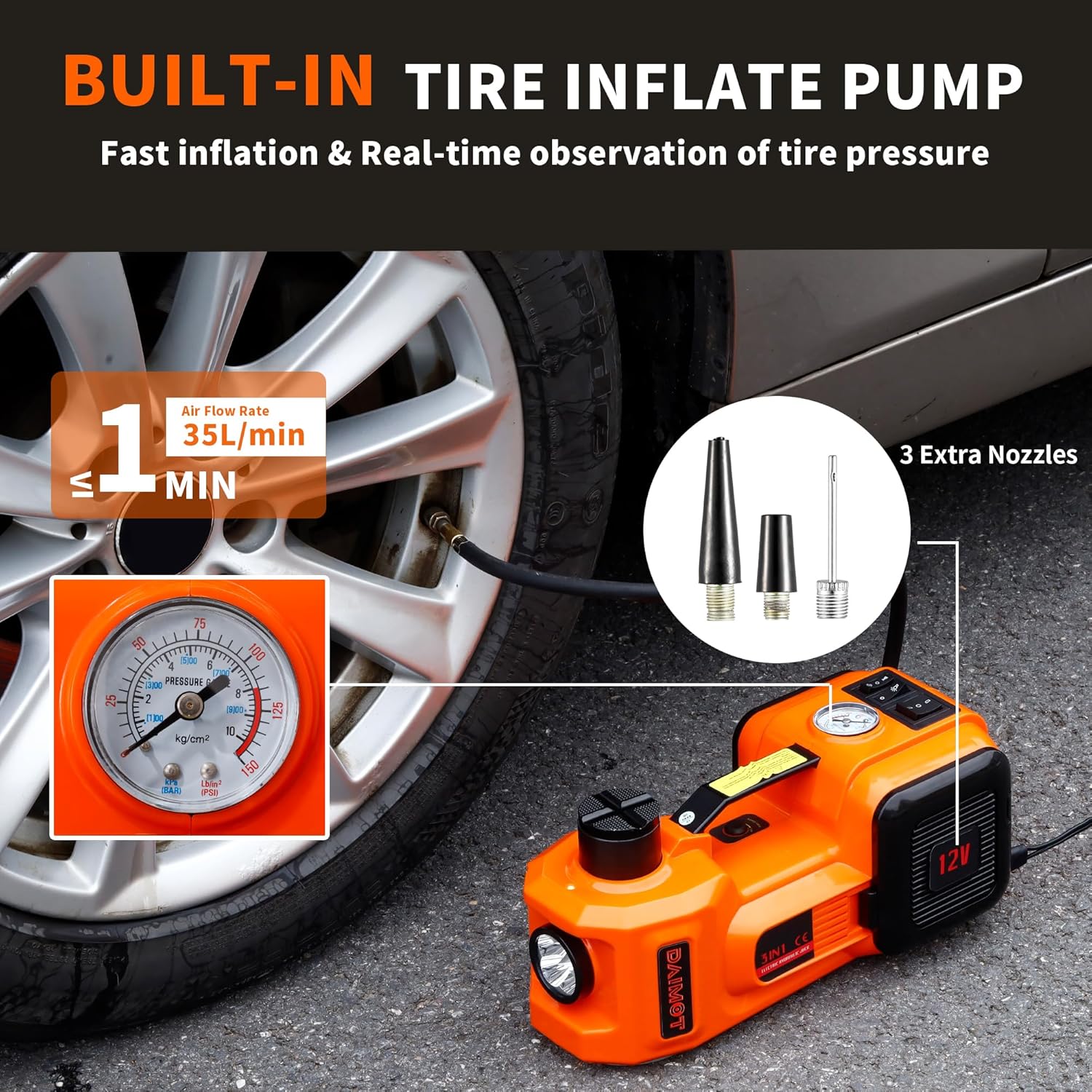 12IN1 Electric Car Jack 5 Ton - 11023 LBS Floor Jack Lift, Attachment Included Impact Wrench, Built-in Inflatable Pump, and LED Light, Garage Repair Car Tires Change for SUV MPV Sedan Truck