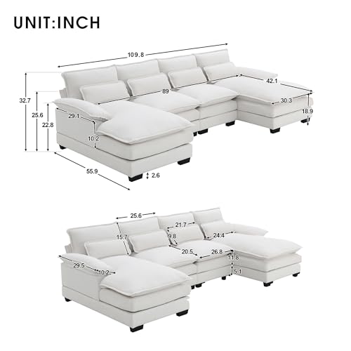 U Shape Sectional Sofa Velvet Cloud Couch for Living Room 110 Inch, Modern Deep Seat Cushions Sleeper Sofa with 4 Waist Pillows Oversized with Double Chaise Lounge (Gray-Velvet)