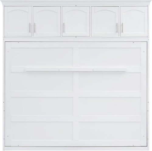 MERITLINE Queen Horizontal Murphy Bed Cabinet with Storage Bookcase Shelves and Charging Station,Wood Folding Grey Murphy Wall Bed for Adult
